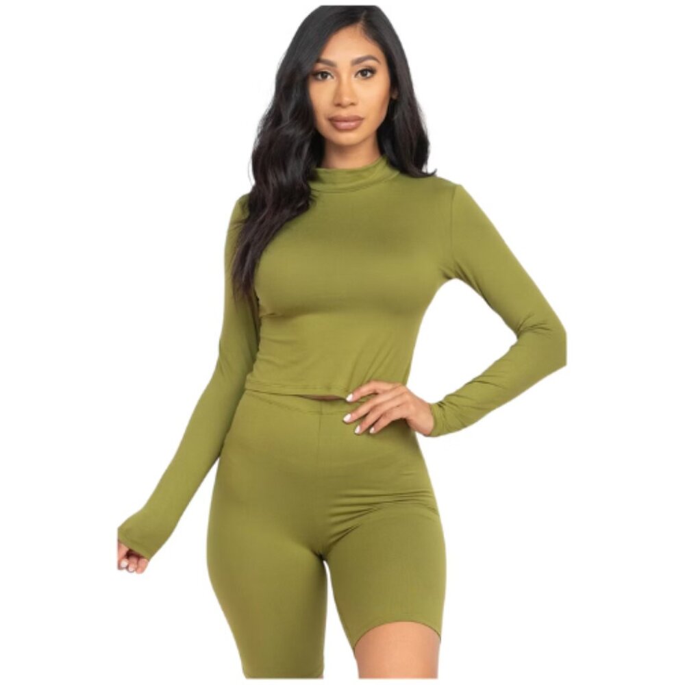 Women's 2-Piece Mock Neck Top & Biker Shorts Set Stretchy Spandex Size M Olive